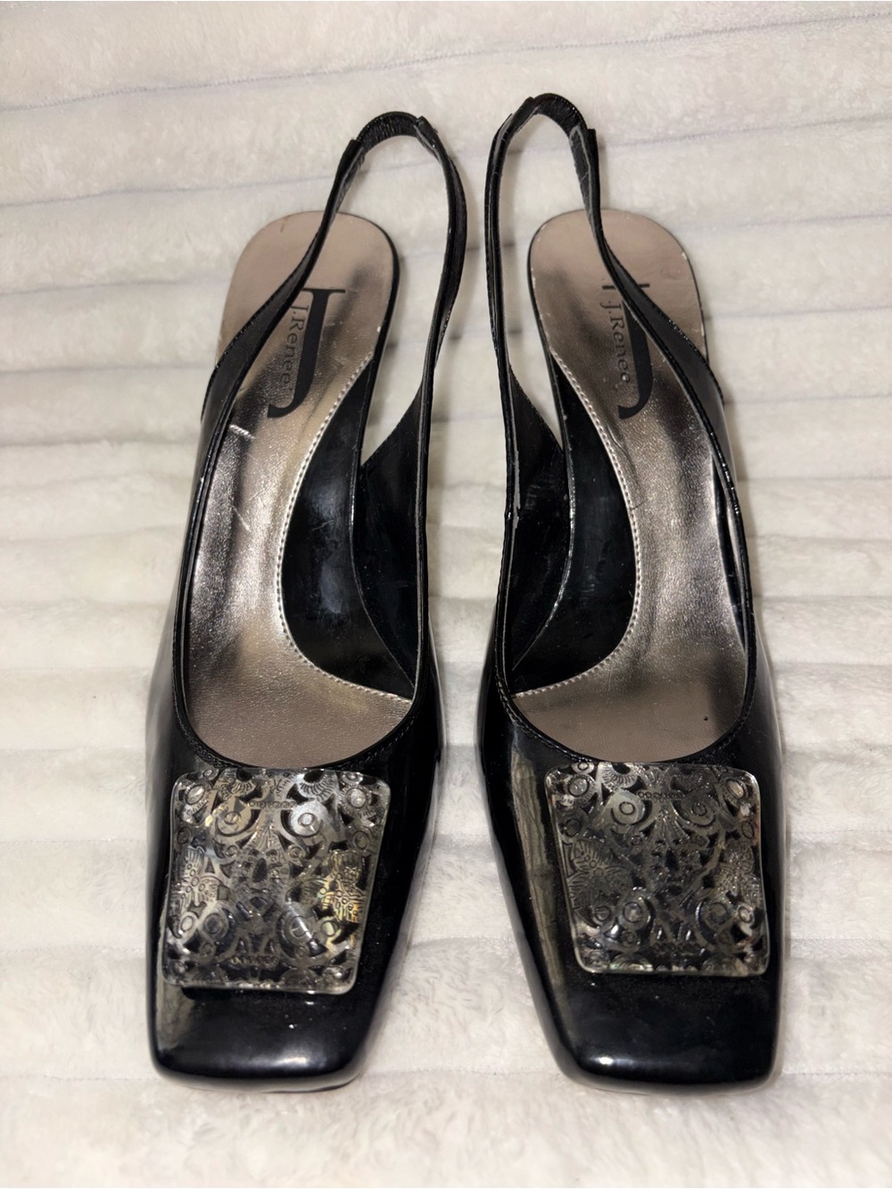 J.Renee Black Patent Slingback Mules with Decorative Square Accent 8.5M